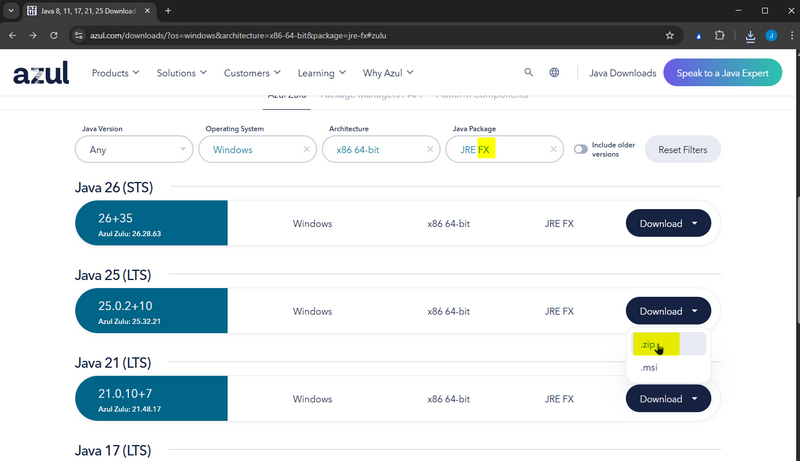 Downloading Azul ZuluFX JRE
