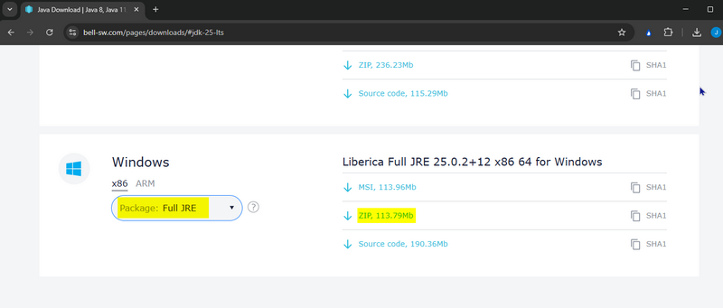 Downloading Bellsoft Liberica JRE