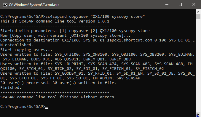 Sc4SAP command line tool - output after storing the users in a file