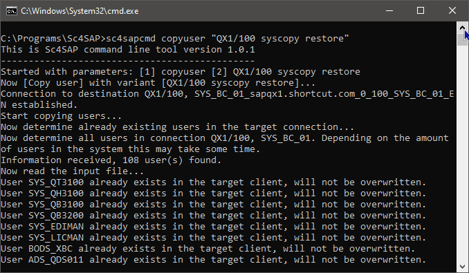 Sc4SAP command line tool - output after restoring the users in a file