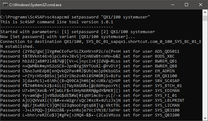 Sc4SAP command line tool - output after setting the passwords