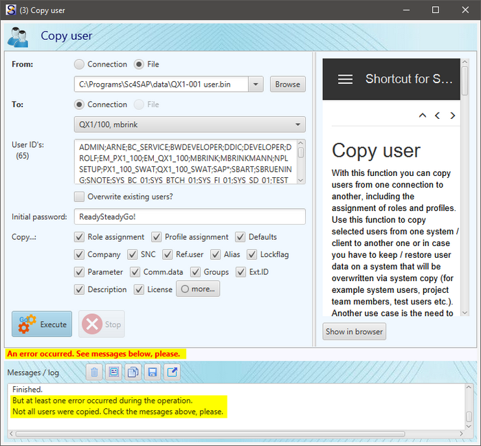 Copy user function - restore from file, error messages