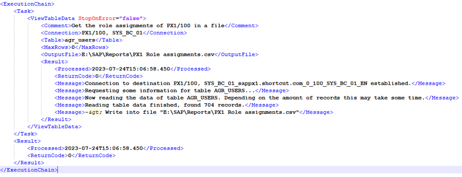 Result information in the XML file after execution