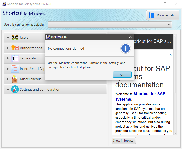 Shortcut for SAP systems - main window
