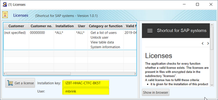 Shortcut for SAP systems - Licenses