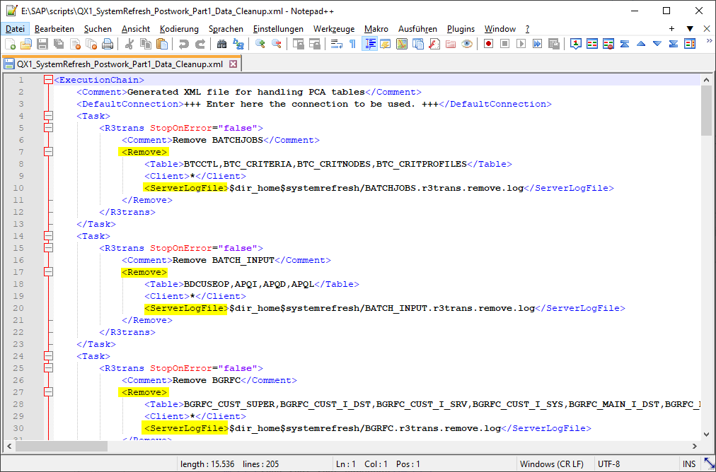 System refresh data cleanup: generated XML file